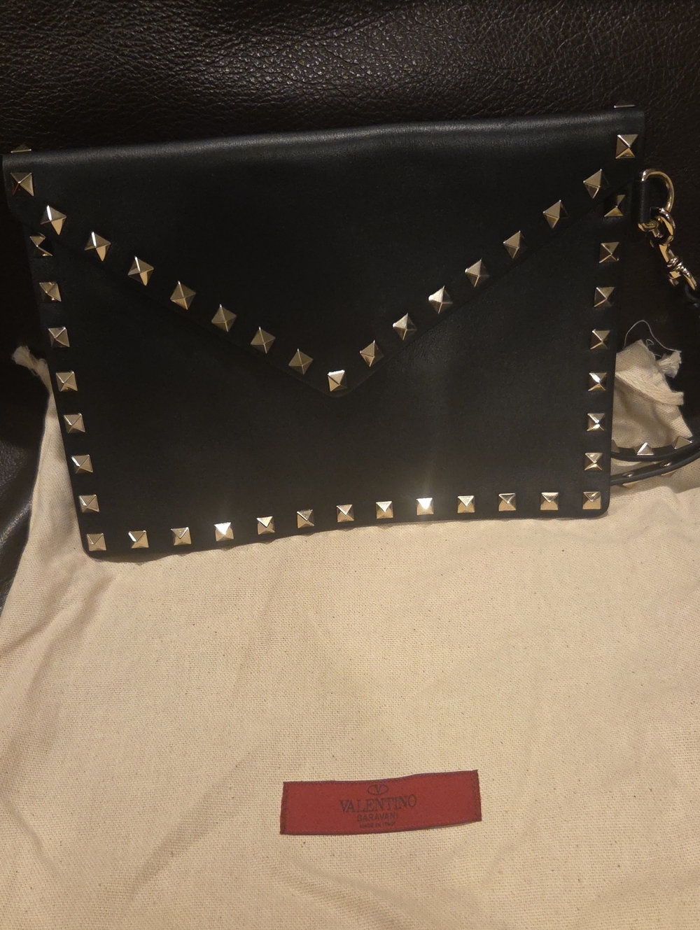 Valentino Garavani Rockstud Black Leather Envelope Clutch Wristlet
